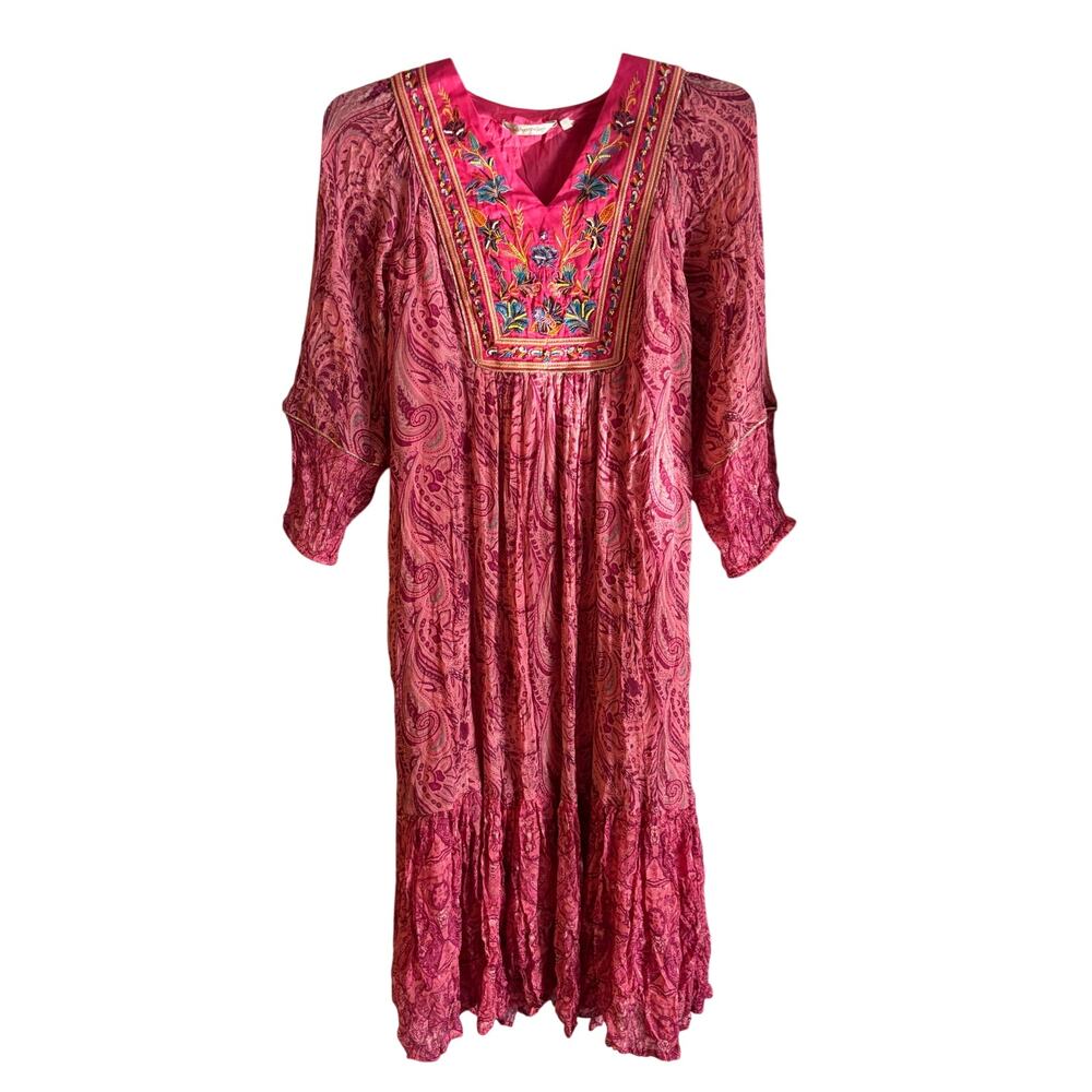 Soft Surroundings Ginger Maxi Dress Beaded Embroidered Long Sleeve Boho Size PS